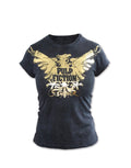 Pulp Fiction foil graphic on a brown women's t-shirt.
