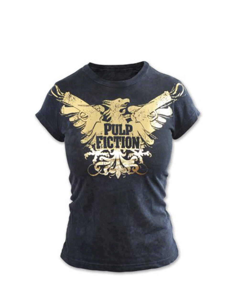 Pulp Fiction foil graphic on a brown women's t-shirt.