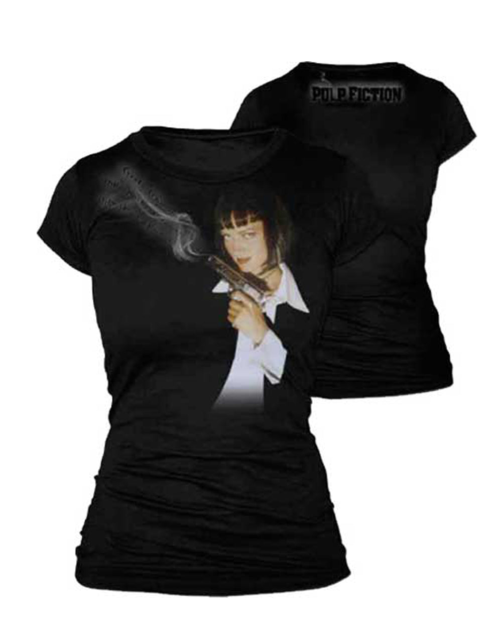 Pulp Fiction invitation graphic on a black women's t-shirt.