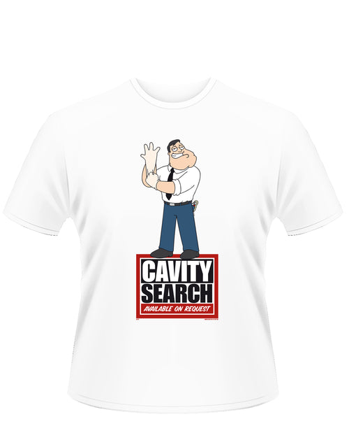 American Dad cavity search graphic on a white adult t-shirt.