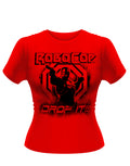 Robocop drop it graphic on a red women's t-shirt.