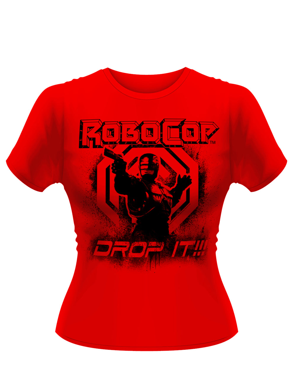 Robocop drop it graphic on a red women's t-shirt.