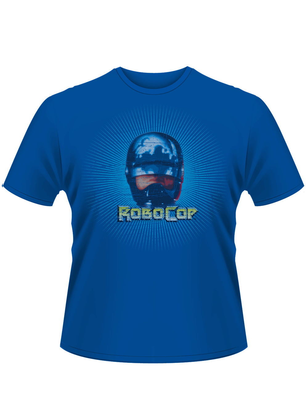 Robocop solar graphic on a blue adult t-shirt.