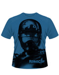Robocop helmet all over graphic on a blue adult t-shirt.