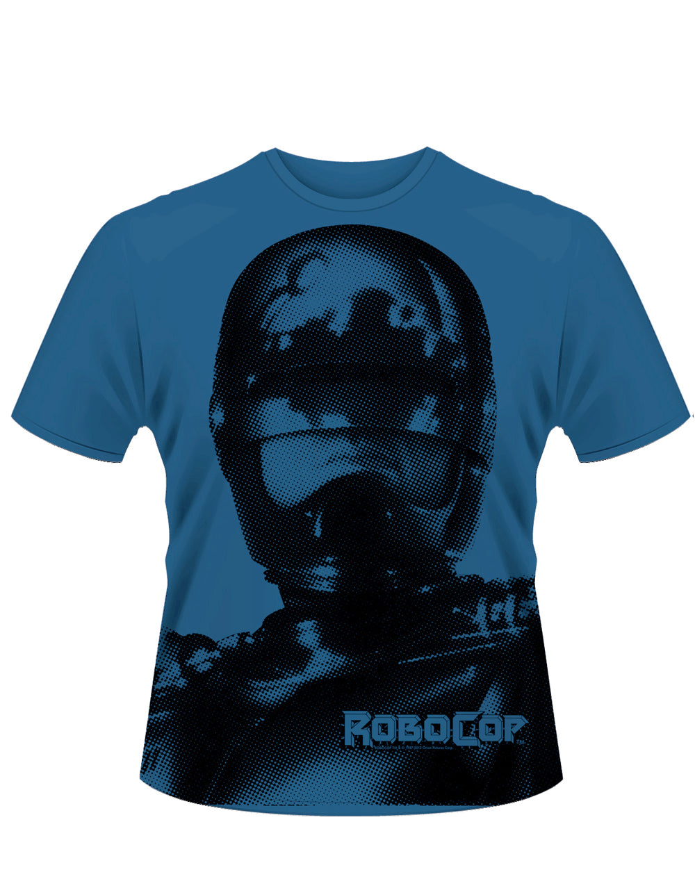 Robocop helmet all over graphic on a blue adult t-shirt.