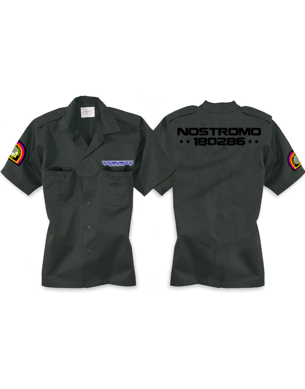 Alien Nostromo crew workshirt graphic on a dark grey adult shirt.
