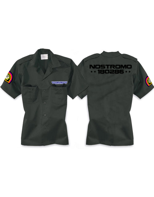 Alien Nostromo crew workshirt graphic on a dark grey adult shirt.