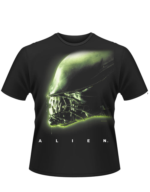 Alien head graphic on a black adult t-shirt.