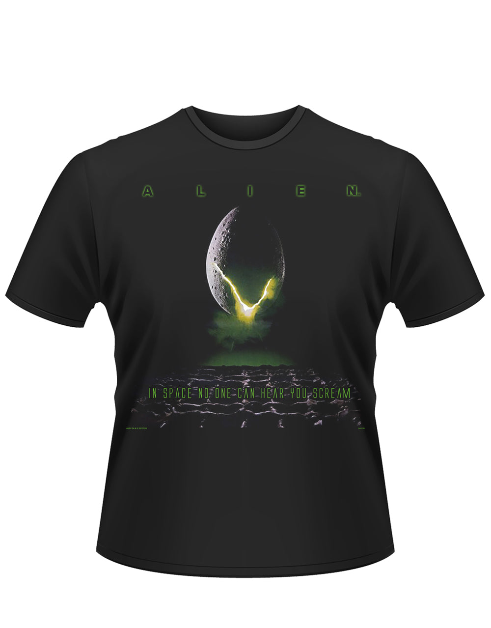 Alien egg graphic on a black adult t-shirt.