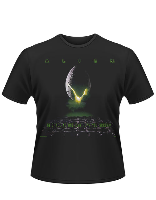 Alien egg graphic on a black adult t-shirt.