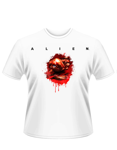 Alien chest burster graphic on a white adult t-shirt.