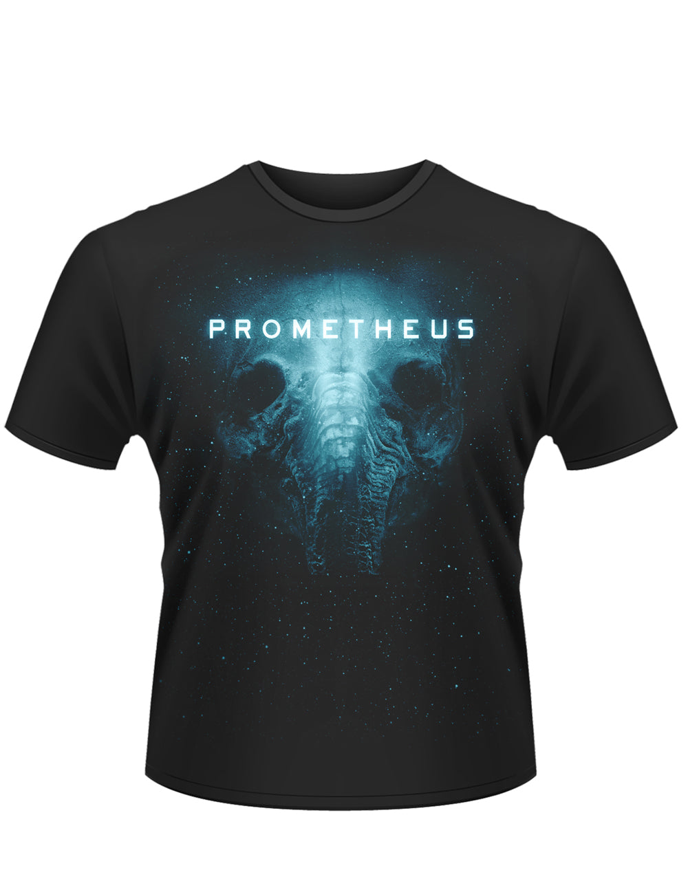 Prometheus Alien skull graphic on a black adult t-shirt.