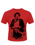 The Texas Chainsaw Massacre Leatherface splatter graphic on a red adult t-shirt.