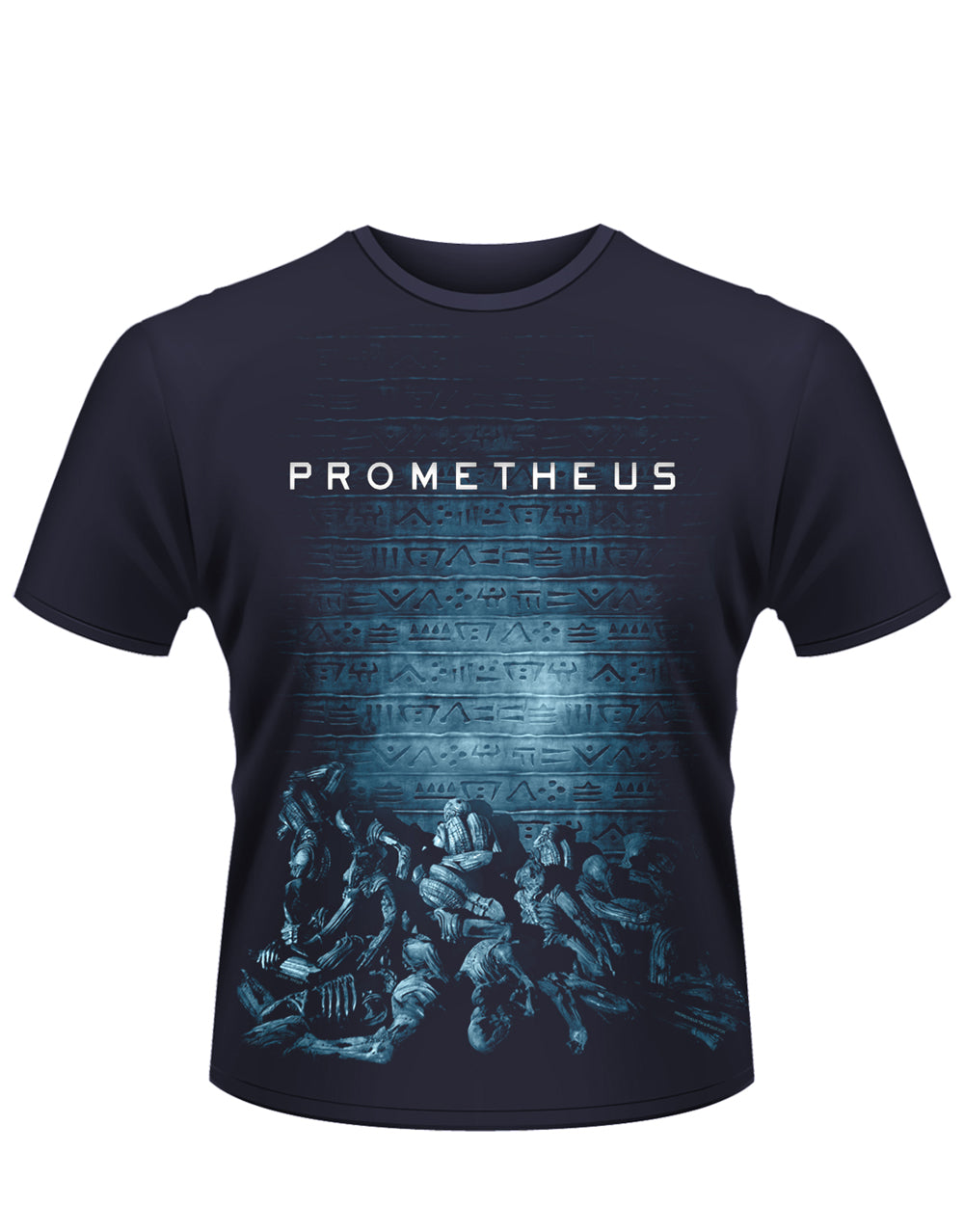 Prometheus Alien tablet graphic on a navy blue adult t-shirt.