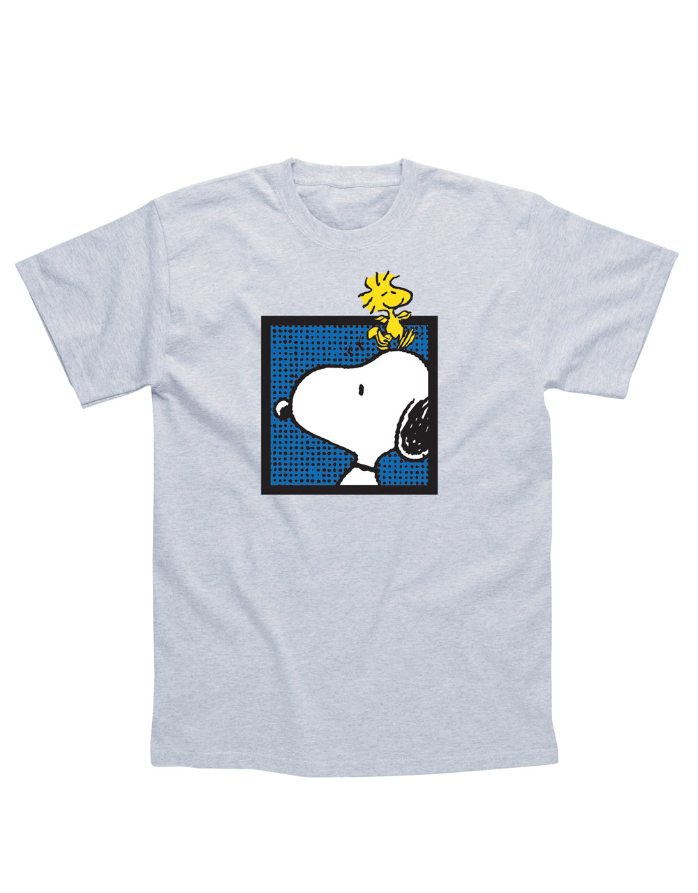 Peanuts Snoopy and Woodstock graphic on a grey adult t-shirt.