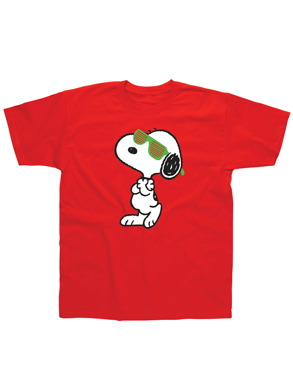 Peanuts Snoopy specs graphic on a red adult t-shirt.