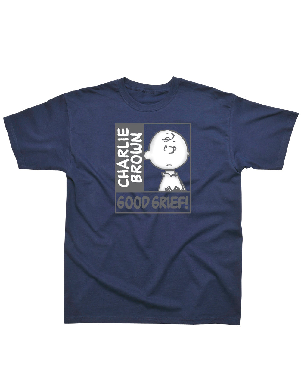 Peanuts Charlie Brown good grief graphic on a navy blue adult t-shirt.