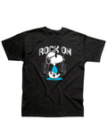 Peanuts Snoopy rock on graphic on a black adult t-shirt.