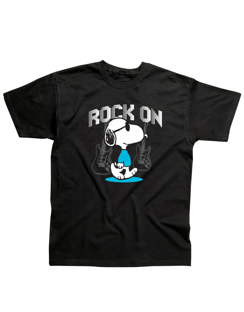 Peanuts Snoopy rock on graphic on a black adult t-shirt.