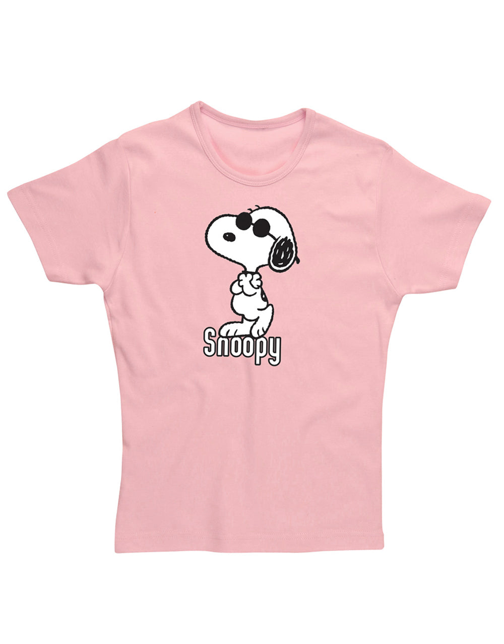 Peanuts Snoopy sunglasses graphic on a pink womens t-shirt.
