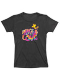 Peanuts Woodstock peace and love graphic on a black womens t-shirt.