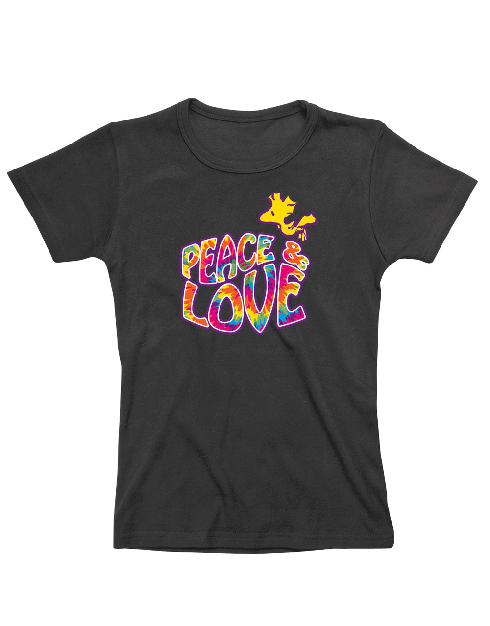 Peanuts Woodstock peace and love graphic on a black womens t-shirt.