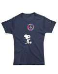 Peanuts Snoopy balloon graphic on a navy blue women's t-shirt.
