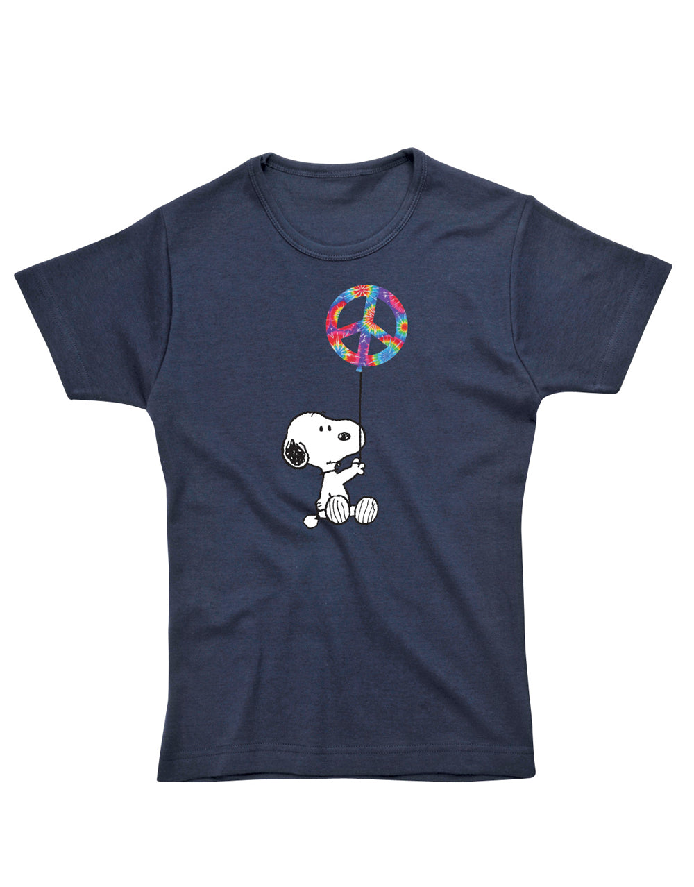 Peanuts Snoopy balloon graphic on a navy blue women's t-shirt.