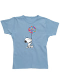 Peanuts Snoopy balloon graphic on a sky blue women's t-shirt.