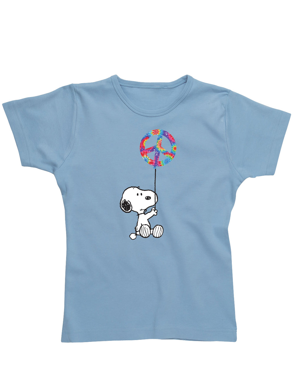 Peanuts Snoopy balloon graphic on a sky blue women's t-shirt.