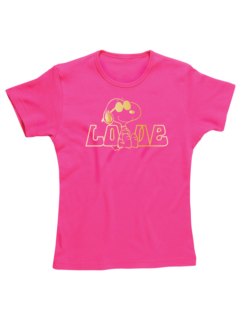 Peanuts Snoopy gold love graphic on a cerise women's t-shirt.