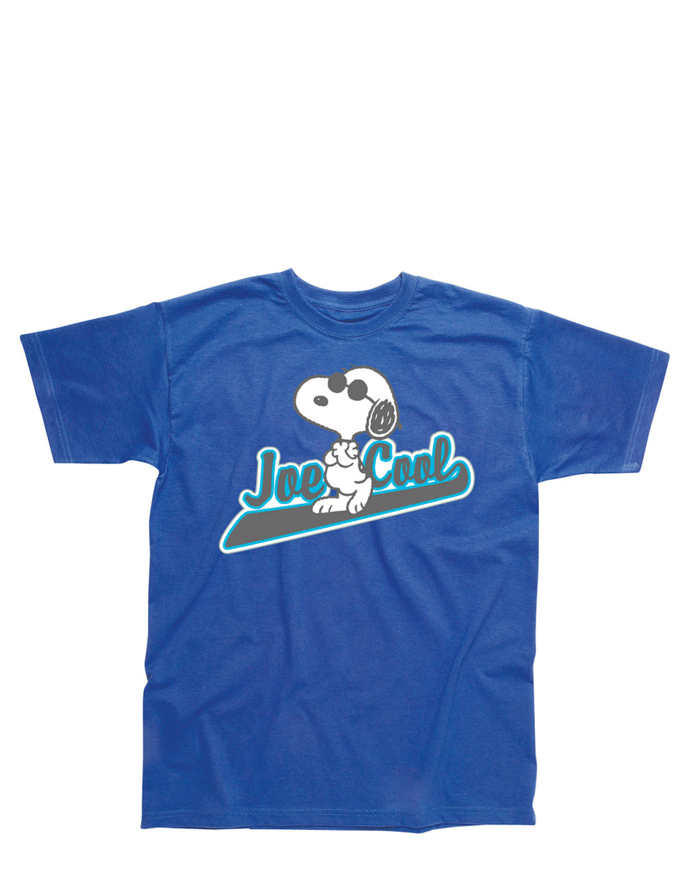 Peanuts Snoopy Joe Cool graphic on a royal blue kids t-shirt.