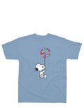 Peanuts Snoopy balloon graphic on a sky blue kids t-shirt.