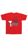 Peanuts rock on Snoopy graphic on a red kids t-shirt.