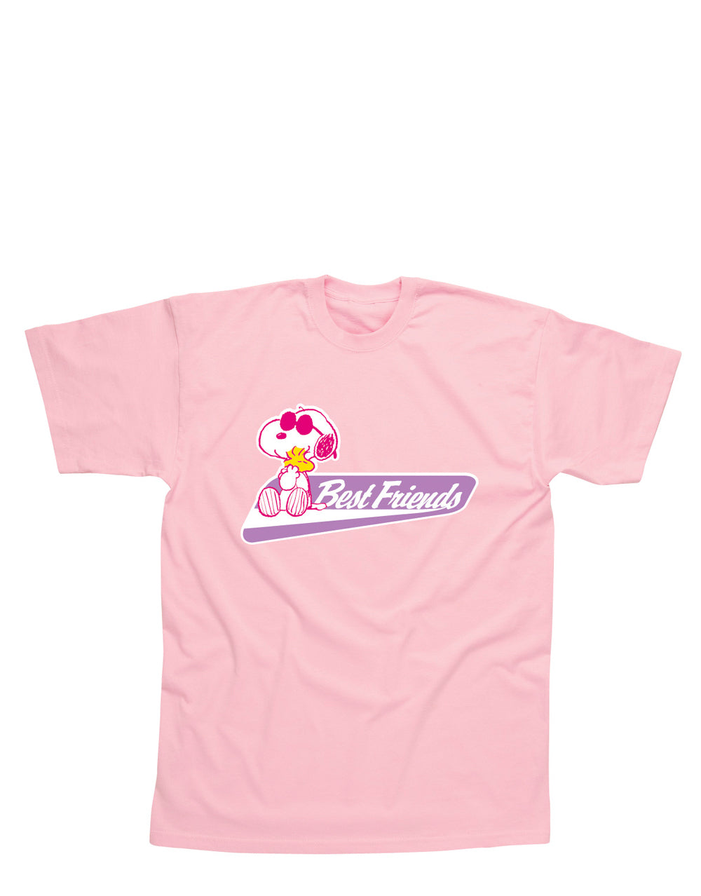 Peanuts Snoopy Woodstock best friends graphic on a pink kids t-shirt.
