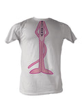 Adult white t-shirt featuring a headless graphic design of The Pink Panther.