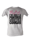 Adult baggy white t-shirt featuring a cougar graphic of The Pink Panther.