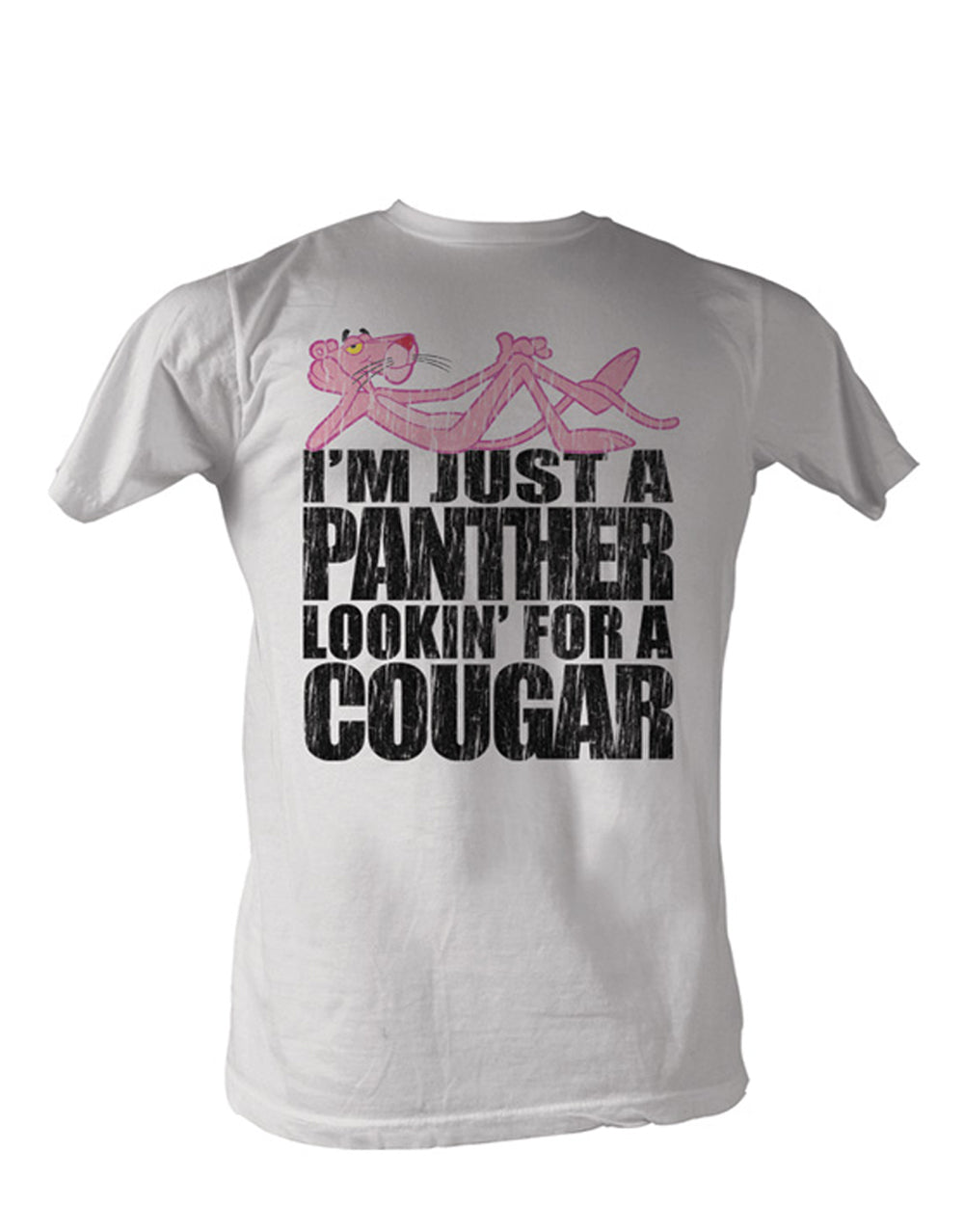 Adult baggy white t-shirt featuring a cougar graphic of The Pink Panther.