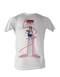 Adult white t-shirt featuring a scratcher graphic of The Pink Panther.