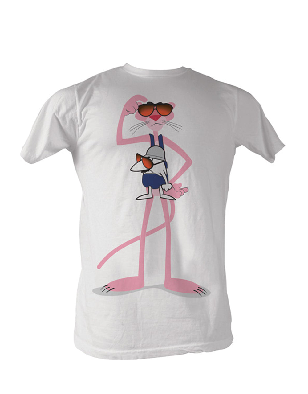 Adult white t-shirt featuring a scratcher graphic of The Pink Panther.