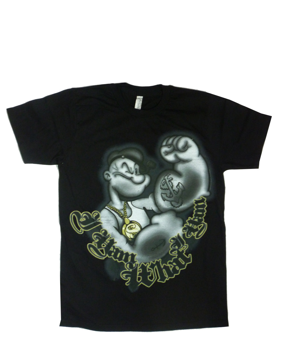Popeye flexing his bicep with the I Yam quote on a black graphic tee.