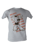 Popeye graphics patterned with nautical stripes on a light grey tee.