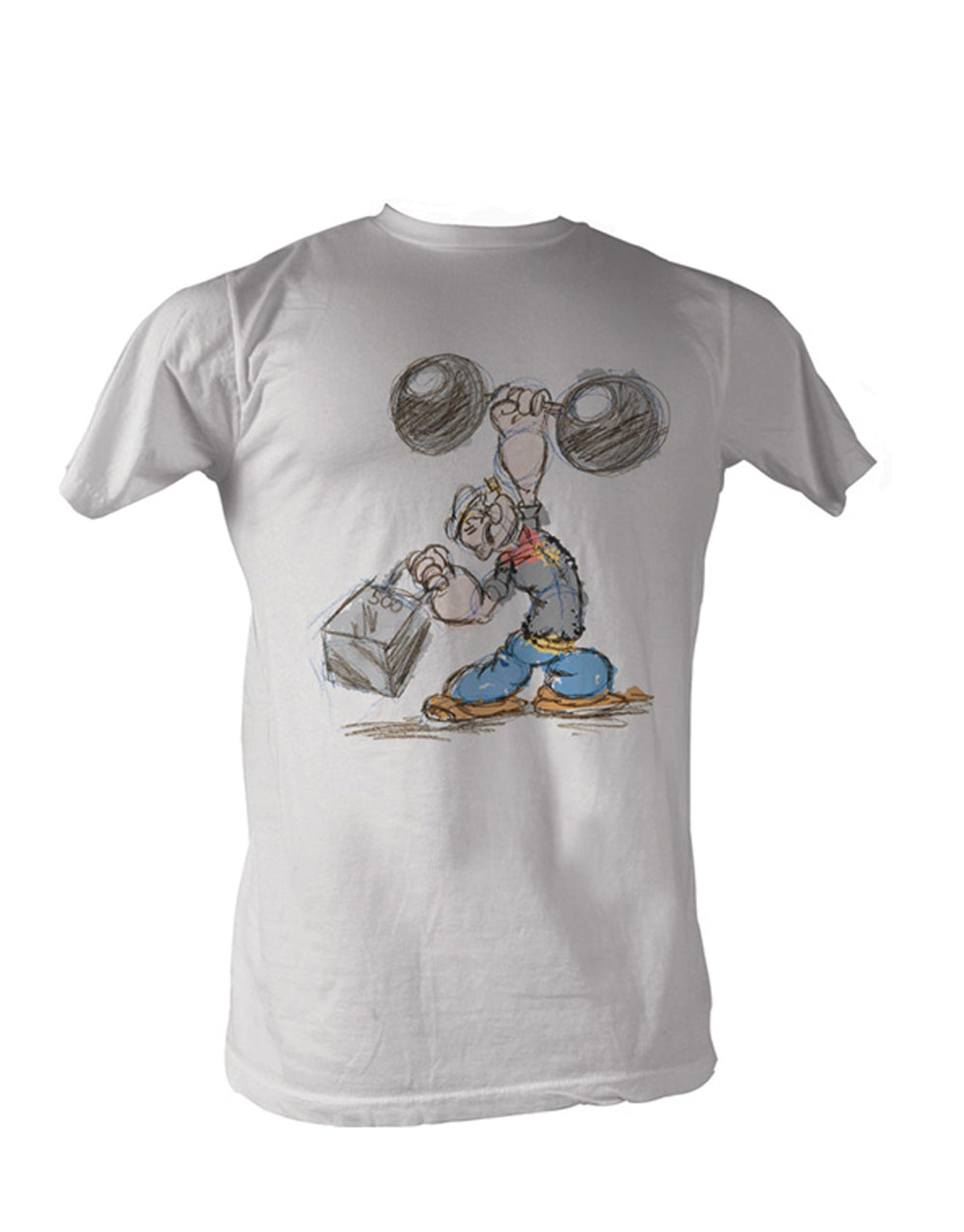 Popeye drawn in a rough sketch style on a white adult t-shirt.
