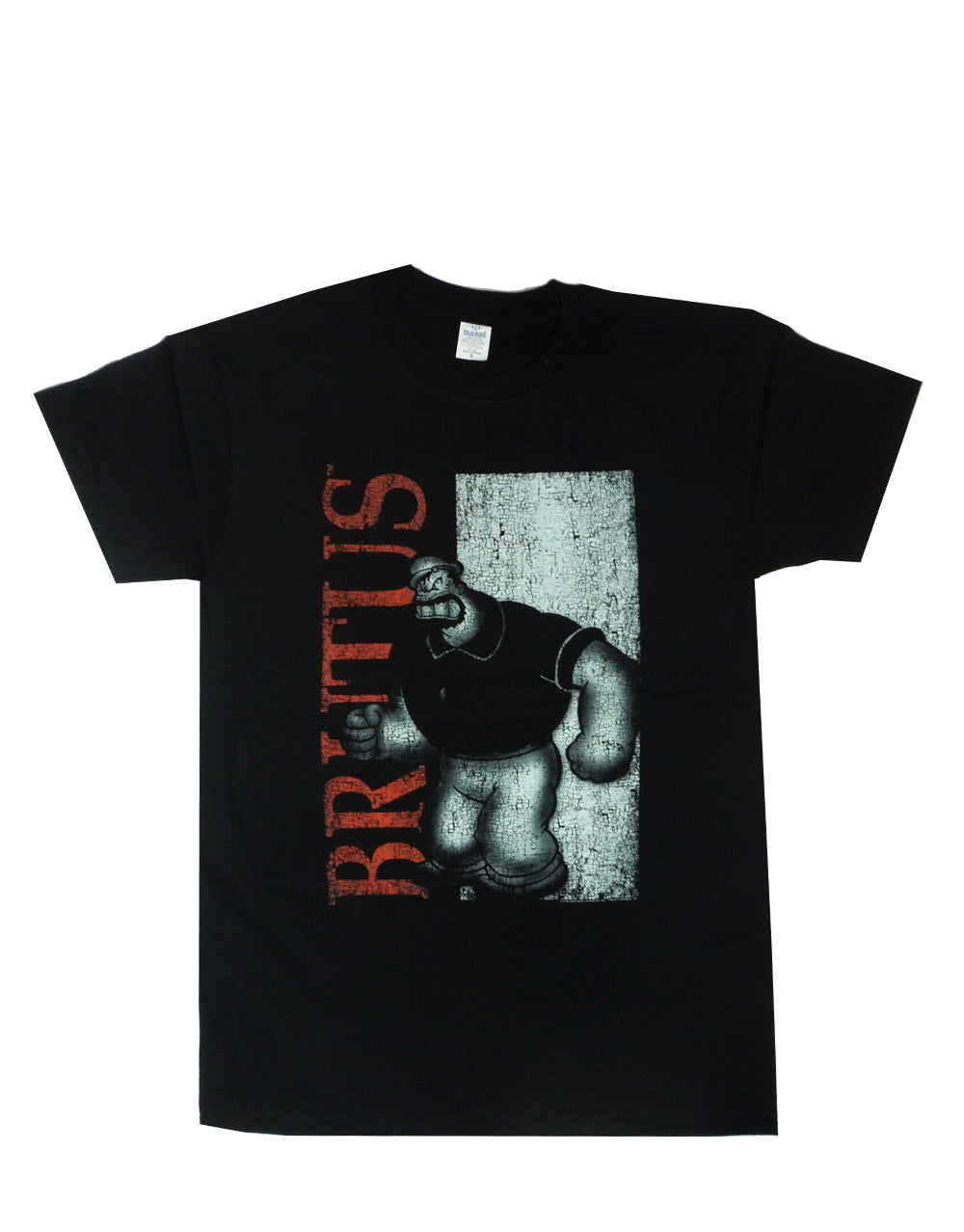 Popeye character Brutus showing off a scar on a black t-shirt.