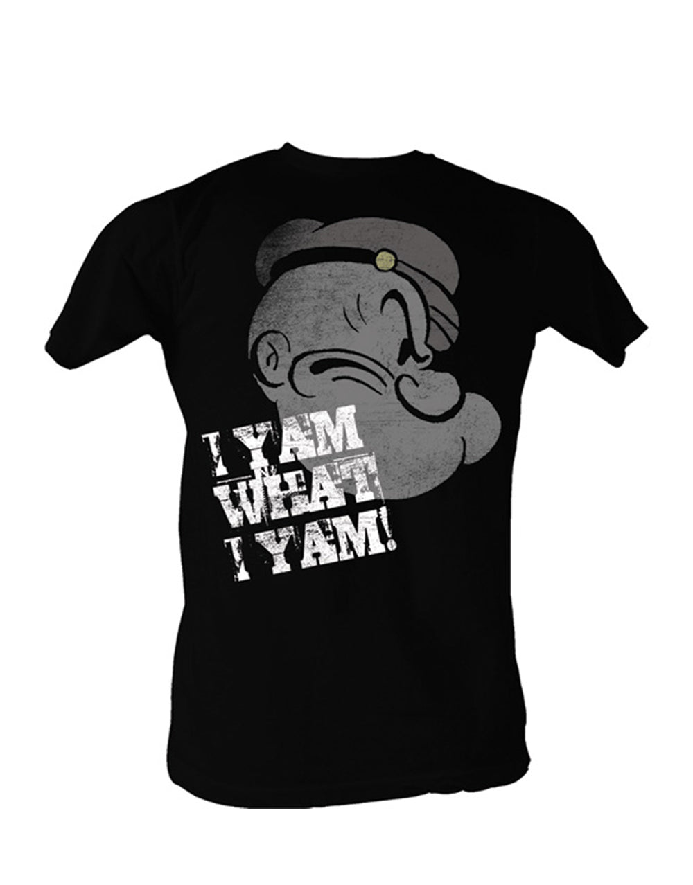 Popeye's face and famous I Yam catchphrase on a black graphic tee.
