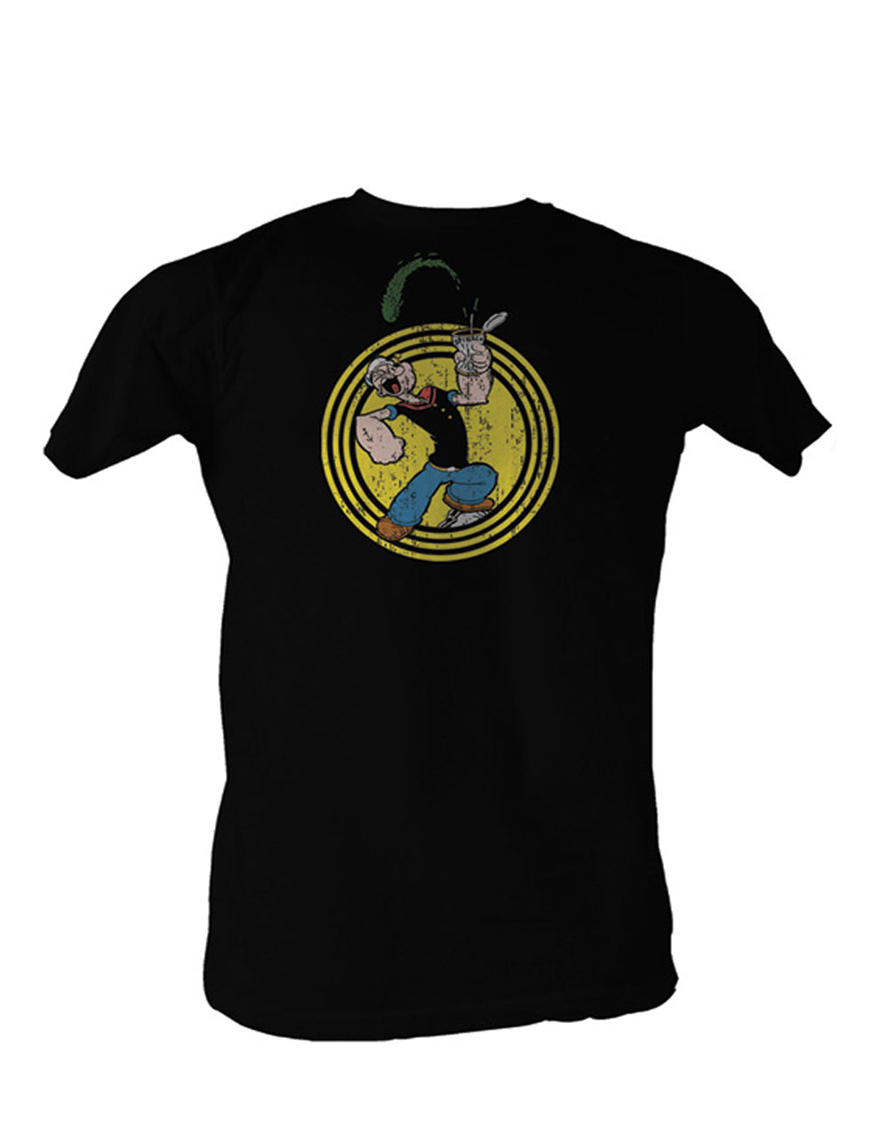 Popeye the Sailor Man with his iconic spinach on a black adult t-shirt.