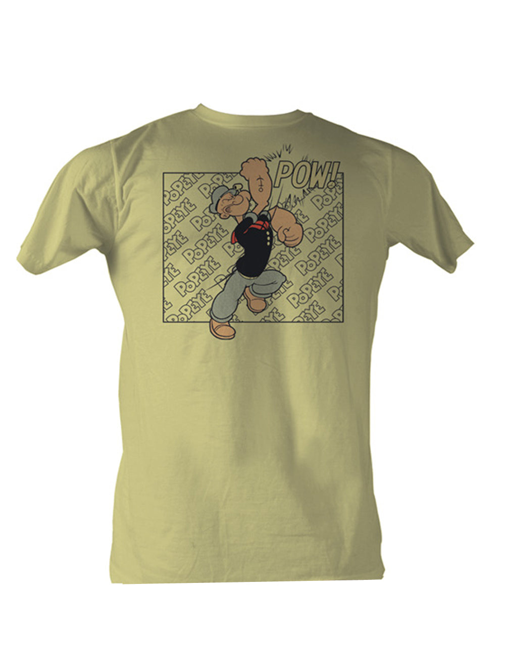 Popeye in an action Pow design on a yellow adult graphic tee.