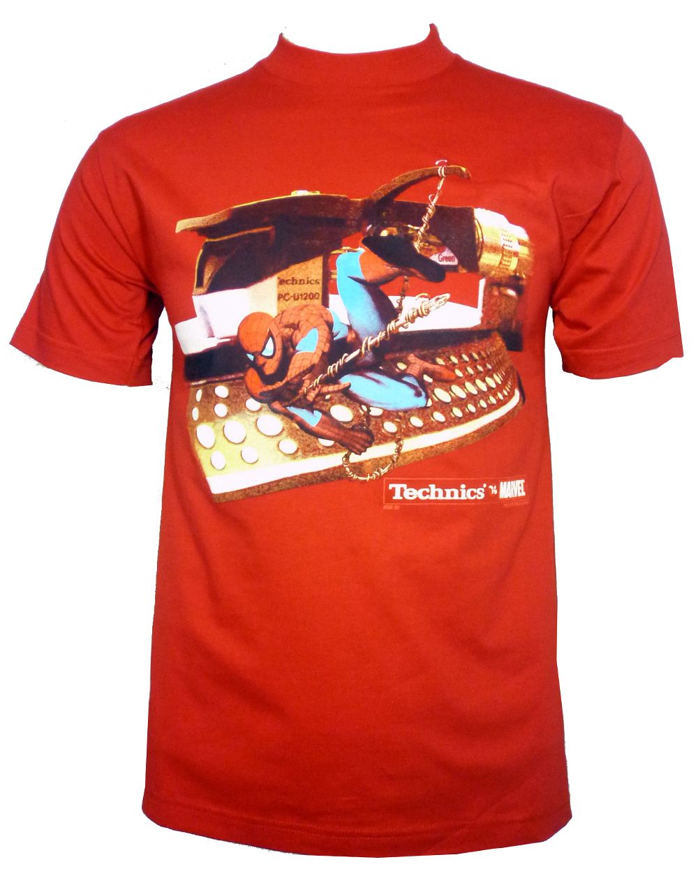 Spider-Man swinging graphic on a red adult t-shirt.