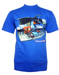 Spider-Man swinging graphic on a blue adult t-shirt.