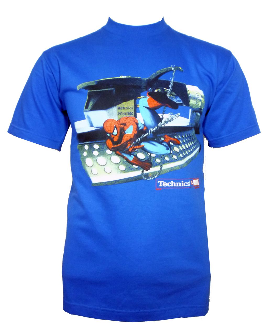 Spider-Man swinging graphic on a blue adult t-shirt.